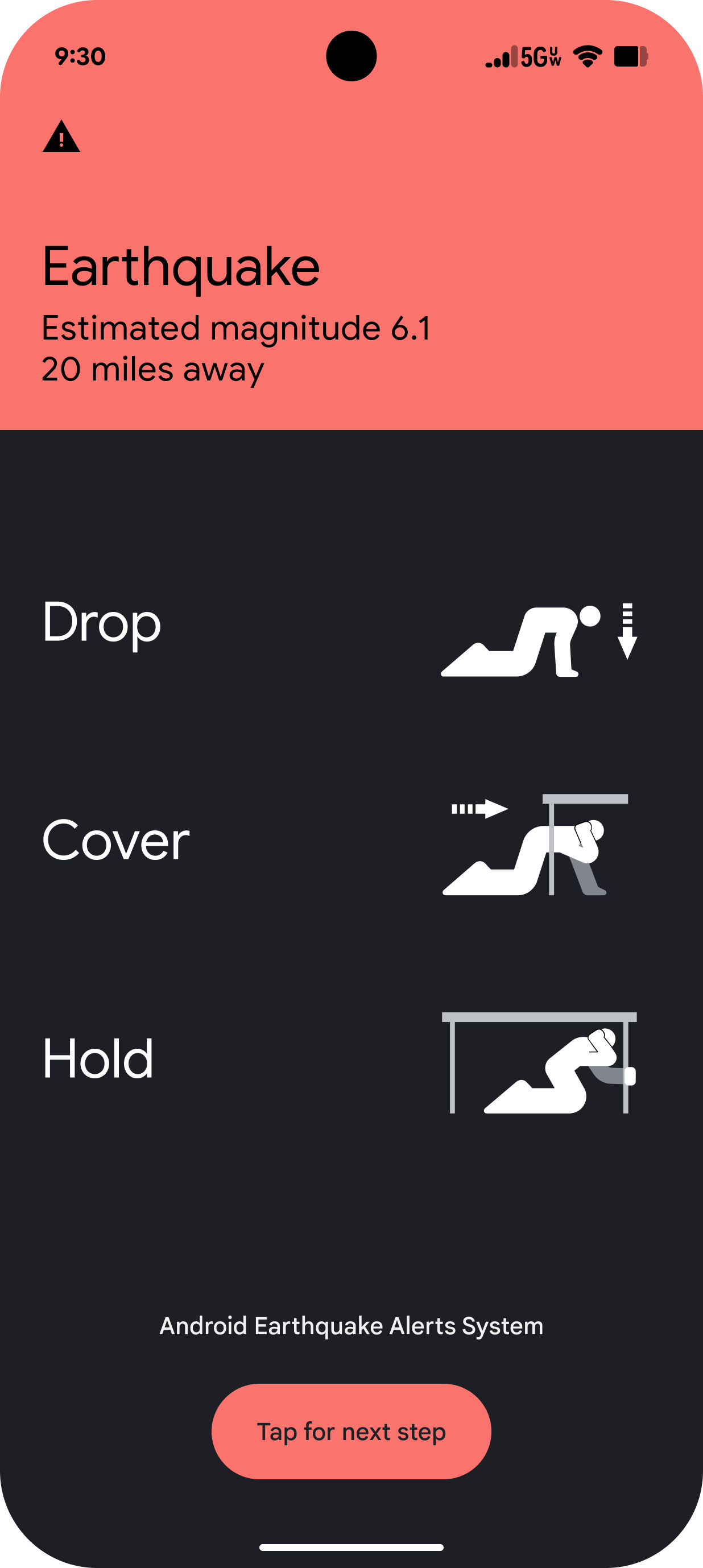 Android Take Action alert instructing the user to drop, cover and hold