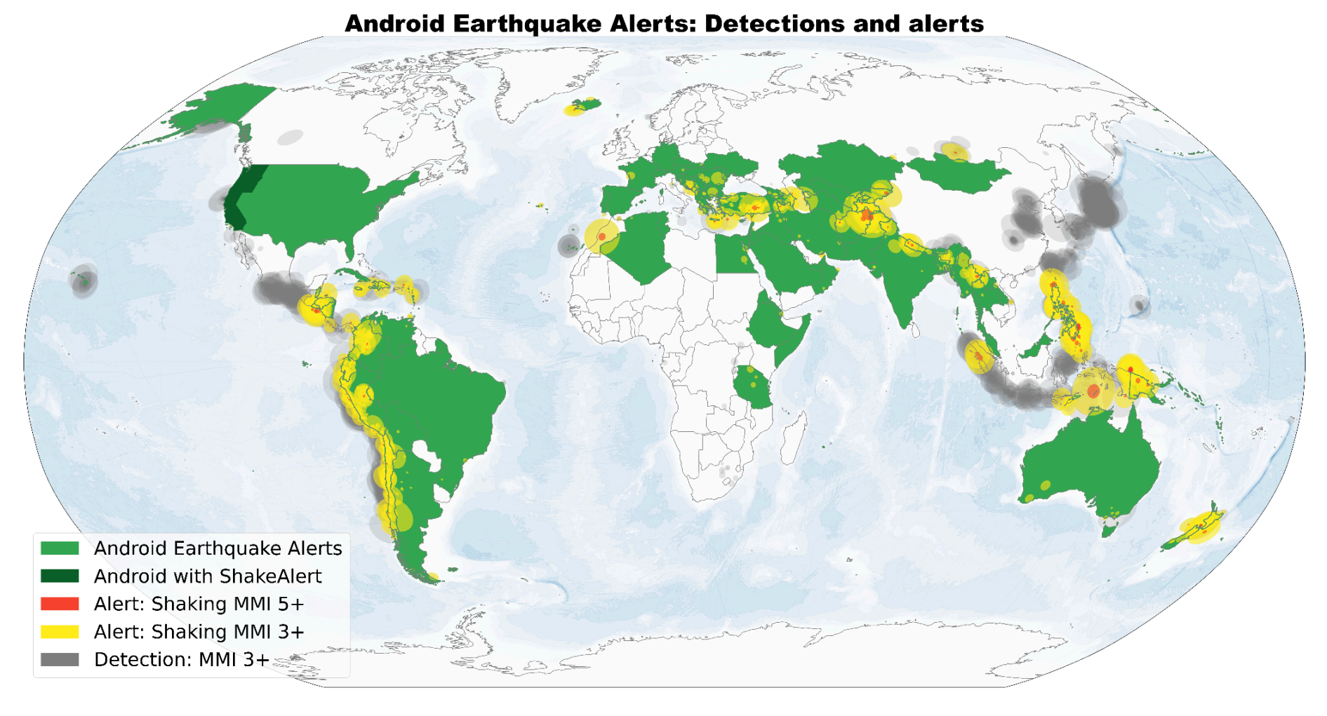 World map of Android Earthquake Alerts detections and alerts