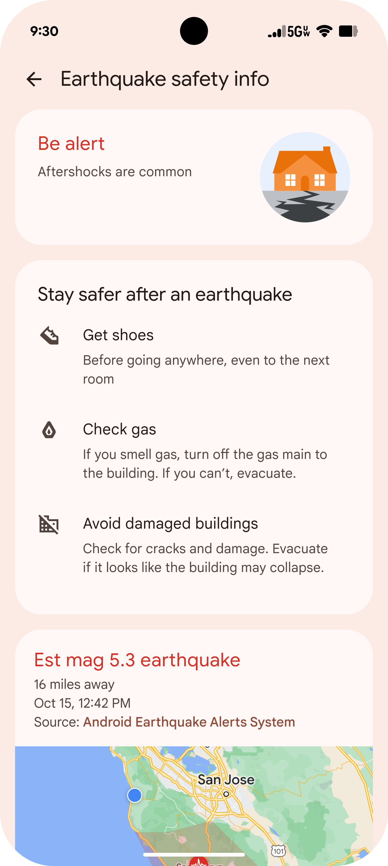 Android post-earthquake safety screen with tips to get shoes, check gas and avoid damaged buildings